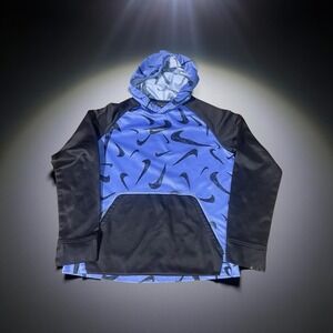 Nike Dri Fit All Over Swoosh Print Hoodie Kids Sz L Blue Black Pullover Casual